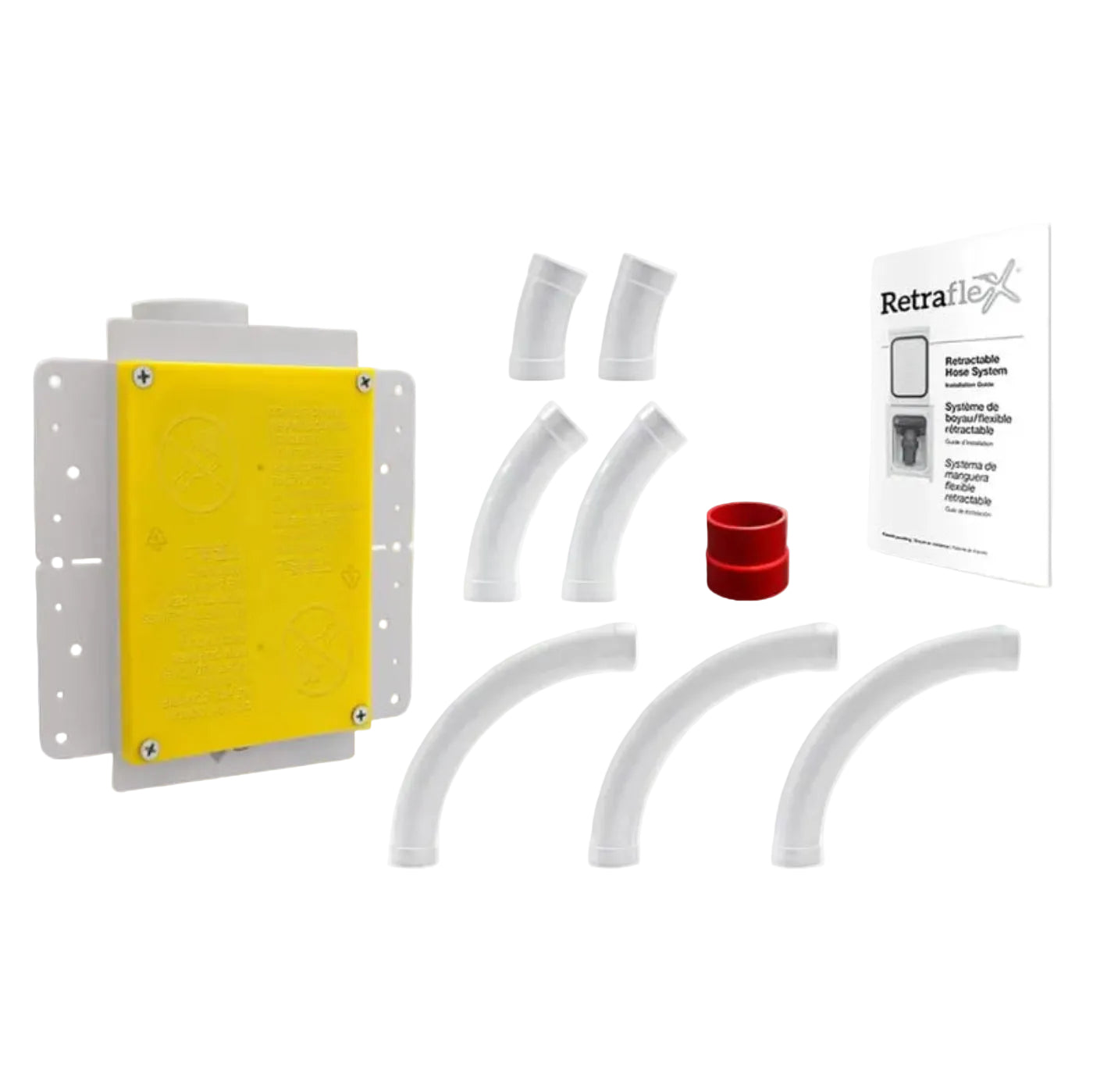 Retractable hose system components including a yellow panel, white hoses, and packaging on a white background.